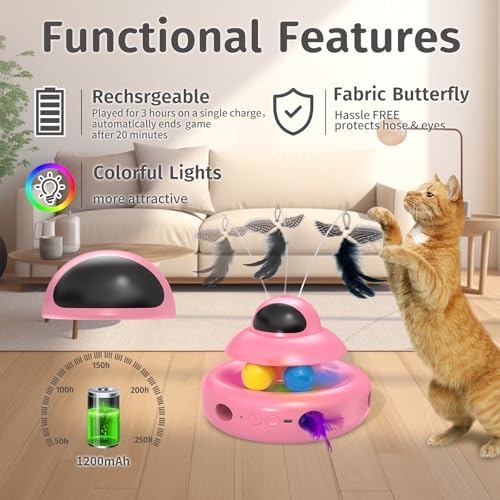 MOHAYA Automatic Cat Toys,4-in-1 InteractiveCat Toys for Bored Indoor Adult Cats, Electric Flying Butterfly,Rechargeable Moving Ambush Feather,Pink Kitter Toy Track Balls - Image 6