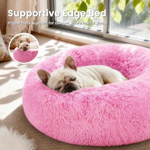 Love's cabin Calming Cat Bed for Indoor Cats, Anti-Anxiety Donut Round Dog Bed, Fluffy Faux Fur Washable Pet Bed for Small Medium Dogs and Cats, Pink, 20in - Image 2