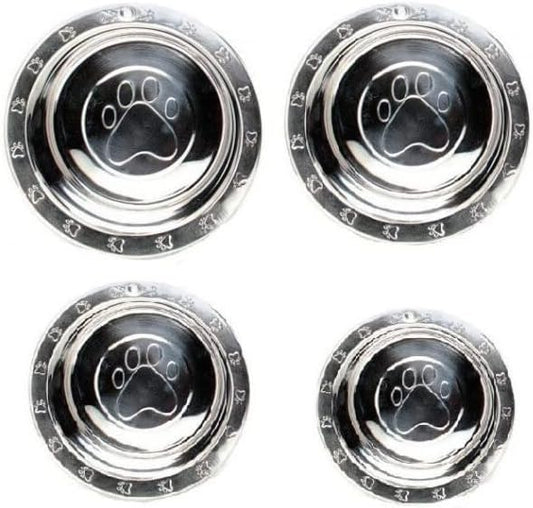 MPP Dog Bowls Pawprint Bone Embossed Pet Wide Rim Dishes Stainless Steel Choose Size (32 oz - 1 Quart)