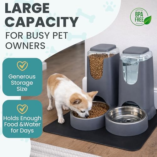 Automatic Cat Feeder 2.8L/4L Water Dispenser Set w/Tray Mat, Gravity Pet Feeder, Large Capacity Non-Spill Cat Water & Food Stainless Steel Bowls, Water Dispenser for Feeding Cats & Dog - Image 7