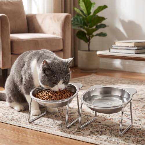 2 Pcs Elevated Cat Bowls with 15° Tilt, Whisker Friendly Raised Cat Food & Water Dishes with Silent Silicone Strip - Anti-Vomiting Small Dog Bowls, 304 Stainless Steel, Spine Friendly, Dishwasher Safe - Image 7