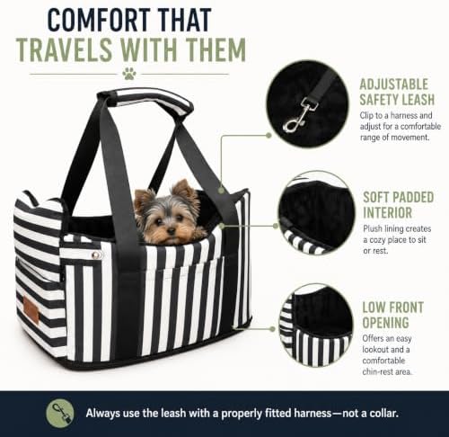Console Dog Car Seat for Small Dogs to 15lbs (Black& White Stripes) - Image 6