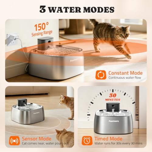 Pawtners Pumpless Cat Water Fountain Stainless Steel 108oz/3.2L, 3 Modes - Image 2