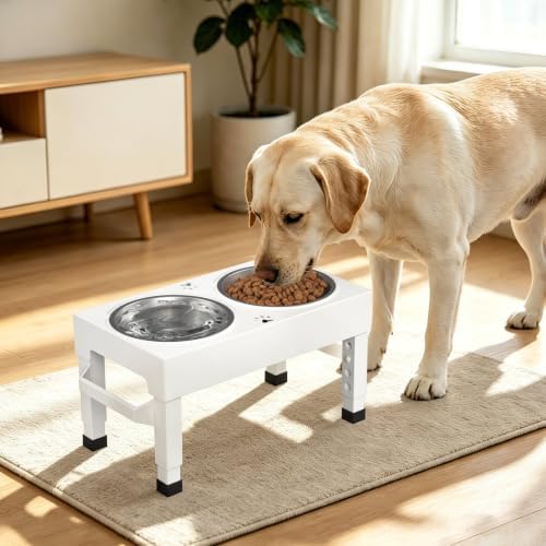 Elevated Dog Bowls Stand Large Breed, Height Adjustable Raised Dog Bowls Holder with 2 Stainless Steel Food Bowls for Small, Medium and Large Canine,White - Image 2