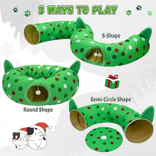 Cat Tunnel Christmas Tree Skirt, 3ft x 3ft x 9.8in Cat Tunnels for Indoor Cats, Grinch Cat Tunnel Bed with Hanging Ball and Cat Ears, Kitten Toys for Indoor Kittens Puppy Rabbit Ferret - Image 2