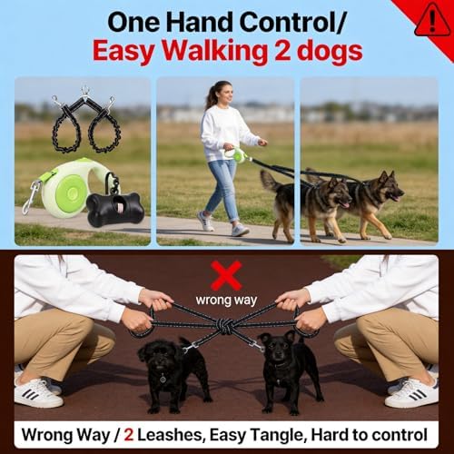 Dual Retractable Dog Leash for 2 Large Dogs (Up to 110 Lbs Each), One-Button Break and Lock, Non-Slip Grip, Double-Headed, 16 FT Extendable Pet Leash with Poop Bags, 360° Tangle-Free (Green, Large) - Image 2