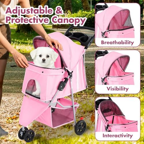 3 Wheels Pet Stroller,Storage Basket and Cup Holder, Breathable Mesh, Waterproof and Foldable for Small/Medium Dogs and Cats Strollers, Lightweight Travel Carrier for Daily Walks & Outdoor,Pink - Image 2