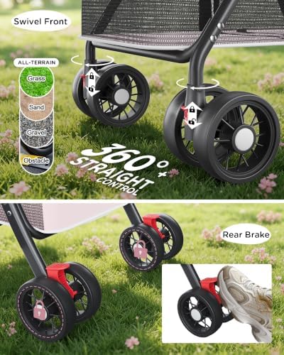 GTPLAYER Foldable Pet Stroller for Small Dogs and Cats, Holds Up to 33 lb, 4 Wheel, Full Mesh Ultra Breathable, Safety Tethers, Cup Holder & Poop Bags Included, Pink - Image 7