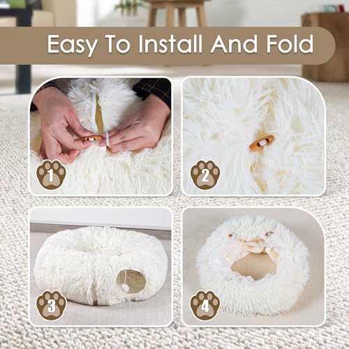 Peekaboo Cat Cave with Washable Mat, Collapsible Cat Play Tunnel for Kittens & Small Pets, Plush Cat Donut Bed Tunnel, Beige - Image 7