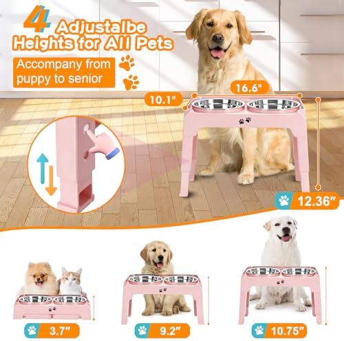 COMESOON Elevated Dog Bowls, 4 Height Adjustable Raised Bowl Stand with 2 Thick 50oz Stainless Steel Food Bowls Non-Slip Feeder Adjusts to 3.7'', 9.2'', 10.75'', 12.36'' Pink - Image 2