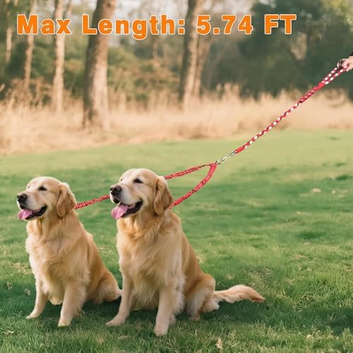 Dual Dog Leash,Double Dog 360 Swivel No Tangle Walking Leash,Comfortable Shock Absorbing Reflective Bungee for Two Dogs(Red) - Image 6
