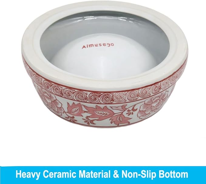 Aimusego Pink & White Ceramic Dog Bowl,Gifts for Pet Owners,Chinoiserie Floral Heavy Duty Non-Slip Dog Food Water Bowls, Ceramic Dish for Medium and Small Dogs and Cats, Puppy 9inch