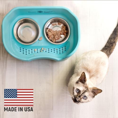 Neater Pet Brands Neater Feeder Deluxe Mess Proof Cat Bowls Elevated, Made in USA, No Spill Raised Bowls for Indoor Cats, Stainless Steel Food and Water Bowl Set, Pet Dish Feeding Station, Aquamarine - Image 2