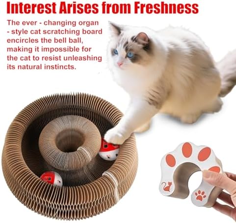 2pcs Cat Pad Scratcher Toys, Magic Organ Cat Toy & Kitty Curls Cat Toy, Interactive Cardboard Cat Scratching Board with Bell Balls, Corrugated Scratcher for Indoor Cats, Light Brown - Image 2