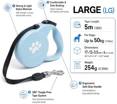 Chew Proof Retractable Dog Leash for Large Dogs, 16ft Heavy Duty Dog Lead with Anti-Chewing Steel Wire Rope, Tangle-Free 360° Swivel, One-Hand Brake & Lock, Blue L - Image 4