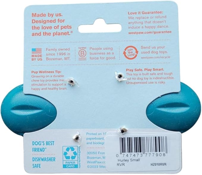 WEST PAW Hurley Dog Bone Chew Toy for Tough Chewers- Safe and Durable Fetch and Chew Toy for Dogs- Dishwasher Safe, Lightweight, Floatable, Made in USA - for Small Dogs - River Blue, Small