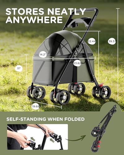 GTPLAYER Foldable Pet Stroller for Small Dogs and Cats, Holds Up to 33 lb, 4-Wheel Stroller with 2 Safety Tethers, Breathable Mesh, Lockable Front Wheels, Cup Holder/Tray & Storage Pocket, Dark Green - Image 2