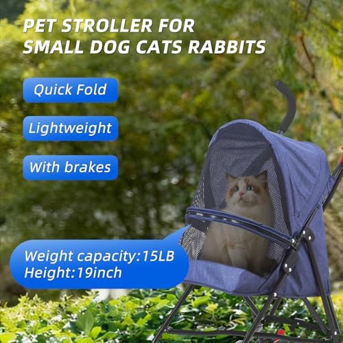 Pet Stroller Oxford Cloth Foldable Dog Strollers for Small Dogs and Cats Suitable for All Road Surfaces Wide-View Panoramic Window 4 Wheels with Brakes Portable Design, Easy to Store (Blue) - Image 2