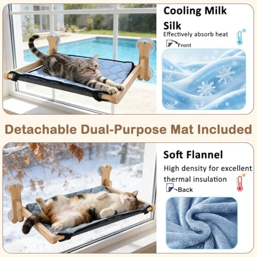 SZEE Cat Window Perch, Cooling Window Cat Bed with Cooling Mat, Foldable Pet Perch Hammock with Sturdy Wooden Frame & Large Suction Cup, with Soft Flannel Plush Backing for All-Season Use - Image 7