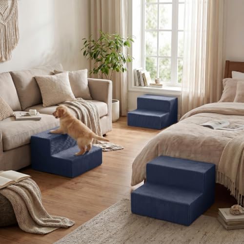 YENING Large Dog Stairs for High Beds - Extra Wide Pet Steps for Large Dogs to Get on Tall Bed 3 Deep Step Cat Ramp for Couch 2 Steps Navy Blue - Image 7