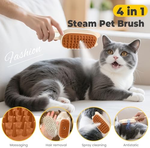Cat Steam Brush for Shedding, 4 in 1 Rechargeable Steam Brush for Cats and Dogs, Anti-Static, Massage, flea comb for cats& Pet Removal Hair Glove,Shedding & Combing All In One! - Image 2