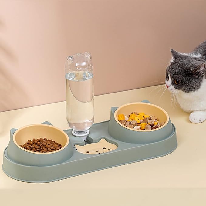 Triple Cat Food Bowls with Water Dispenser, Plastic Raised Cat Dishes, Automatic 3 in 1 Pet Bowls, 2 Food Bowls and Water Feeder Set, Wet and Dry Food Bowl Set for Cats Puppy Small Dogs (Dark Green)