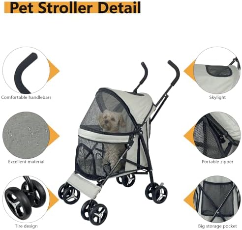 Elegant Umbrella-Shaped Doggy Stroller for Small Dogs, Small Pet Stroller for Medium Dogs, Ideal for 20 Lbs Medium Dogs & Small Dogs (Grey) - Image 2
