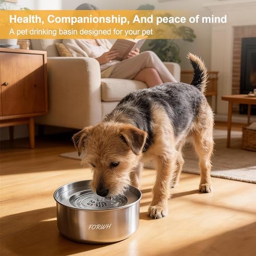 304 Stainless Steel Dog Water Bowl No Spill, 101oz/3L Large Capacity Pet Water Dispenser with Floating Disk, Non-Slip Slow Drink Feeder for Cat, Anti-Gulping & Splash Proof for Travel, Car & Home - Image 7