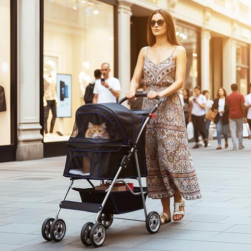 BestOffice Pet Stroller for Small Medium Dogs & Cats, 4-Wheel Foldable Dog Stroller with Cup Holder, Lightweight Travel Carrier, Waterproof Design for Outdoor Walks, Black - Image 2