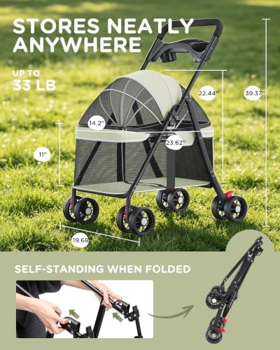 GTPLAYER Foldable Pet Stroller for Small Dogs and Cats, Holds Up to 33 lb, 4 Wheel, Full Mesh Ultra Breathable, Safety Tethers, Cup Holder & Poop Bags Included, Mint Green - Image 2