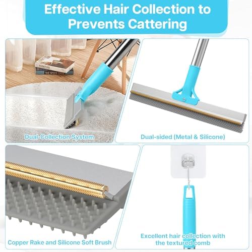 3PCS Carpet Rake for Pet Hair Removal, 54” Adjustable Long Handle, Dual-Sided Metal & Silicone Head,Reusable Pet Hair Remover Scraper Rake Carpet,Dog Hair Broom for Rugs,Mats,Couch and Furniture. - Image 2