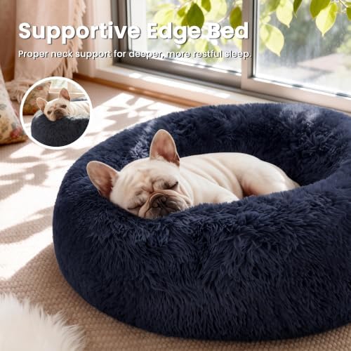 Love's cabin Calming Cat Bed for Indoor Cats, Anti-Anxiety Donut Round Dog Bed, Fluffy Faux Fur Washable Pet Bed for Small Medium Dogs and Cats, Navy, 20in - Image 2