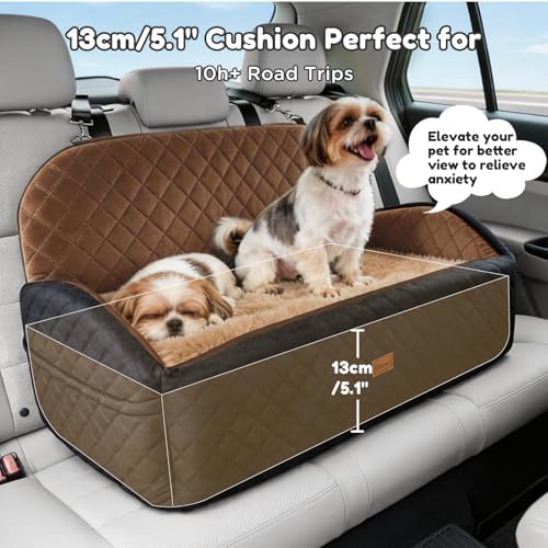 Gimars Reversible Dog Car Seat with Long&Short Plush Seat Cushion for Small/Medium Dogs Up to 60lbs, Detachable Washable Anti-Slip Dog Booster Seat with 5.1'' 28D Egg-Crate Foam, Safety Belt, L-Brown - Image 2