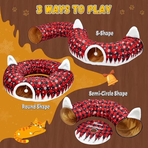 Cat Tunnel Christmas Tree Skirt, 3ft x 3ft x 9.8in Cat Tunnels for Indoor Cats, Buffalo Plaid Peekaboo Cat Tunnel Bed with Hanging Ball, Kitten Toys for Indoor Kittens Puppy Rabbit Ferret - Image 2