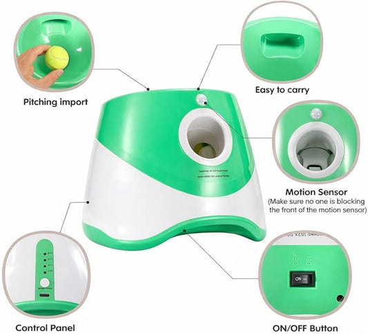 Automatic Dog Ball Launcher with 6 Tennis Balls, Adjustable 10/20/30 FT Distance, Interactive Fetch Machine for Small to Medium Dogs, Green