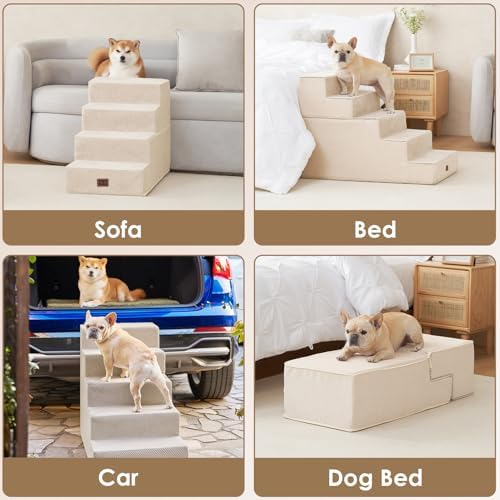 EHEYCIGA Dog Stairs for Bed 22.5" H, 5-Step Extra Wide Dog Steps, Beige - Image 7
