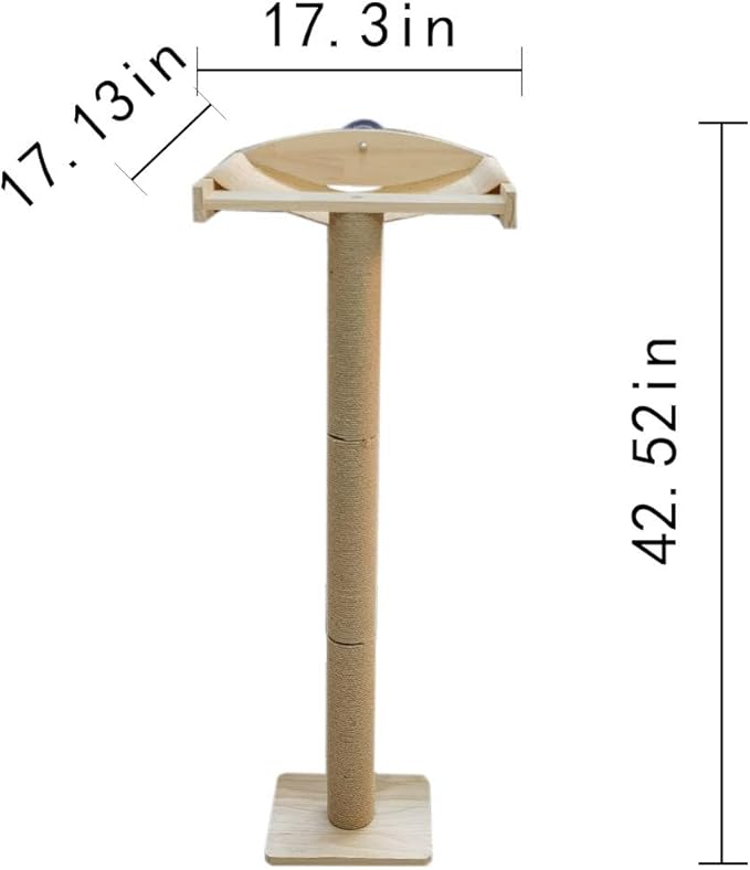 42'' Cat Tree Window Sill Perch with Tall Vertical Scratching Post Height-Adjustable Indoor Hammock Bed for Large Cats Drill-Free Suction Cup Climbing Tree Tower for Sunbathing & Bird Watching (Wood)