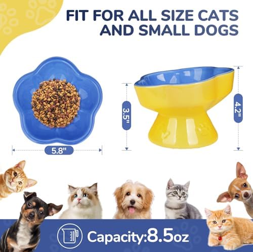 S&Q's CERAMICS Raised Cat Bowl, Elevated Cat Bowl for Food and Water, Ceramic Titled Dish, Anti Vomit & Whisker Friendly, Microwave and Dishwasher Safe (Blue, 5.8") - Image 2