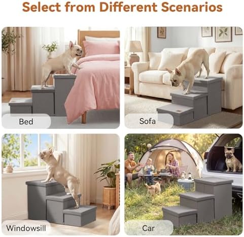 Zerbuger Dog Stairs with Storage, Grey 3 Steps Dog Ramp no Condo for Bed - Image 2