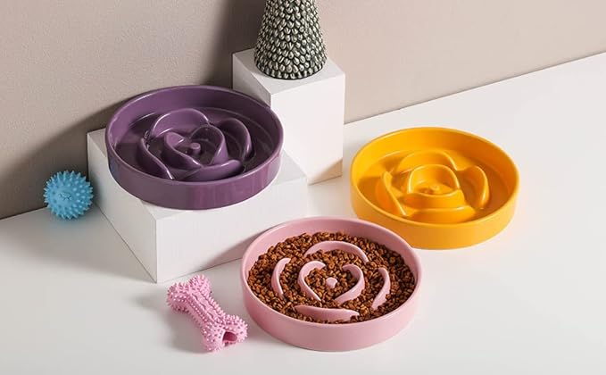 8.66 in Pink Ceramic Slow Feeder Dog Bowl for Medium and Large Breed,Pet Feeding Dog Food Water Dish Heavy Weighted,Puppy Bowl for Fast Eaters,Puzzle Slow Eating Dish Modern Cute