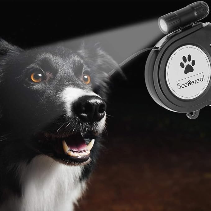 SCENEREAL Heavy Duty Retractable Dog Leash 26 FT with LED Flash Light & Poop Bag Dispenser for up to 110 LB Small Medium Large Dogs Outdoor Walking & Training