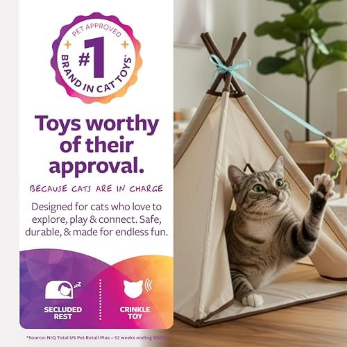 SmartyKat Kitty Camp Crinkle Cat Tent Hideaway, Collapsible Tent with Detachable Feather Toy for Privacy & Play for Cats & Kittens, Beige, One Size - Image 2