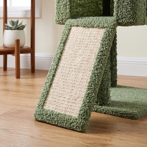 32" Cactus Cat Tree for Indoor Cats, 2-in-1 Cat House with Sisal Scratching Post & Ramp, 2-Level Cat Tower with Rotatable Feather & Ball Toys, Stable Cat Condo for Small/Medium Cats, Green - Image 6