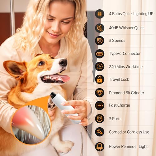 YABIFE 4-Lights Dog Nail Grinder, Easy Quick Locate Dog Nail Trimmers, for Puppy Paw Toenails or Pets from Small, Medium to Large, with Travel Lock, Whisper Quiet, Heavy Duty 3 Speeds - Image 7