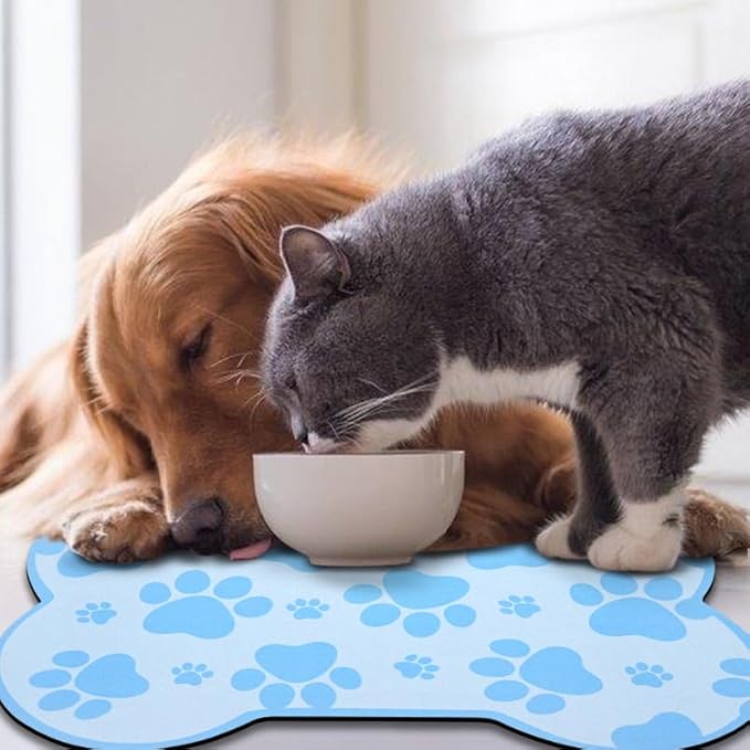 Dog Food Mats for Floors Waterproof, Pet Feeding Absorbent Water Bowl Mat Cat Placemats Blue Bone Shape 23.6 * 15.7 inch