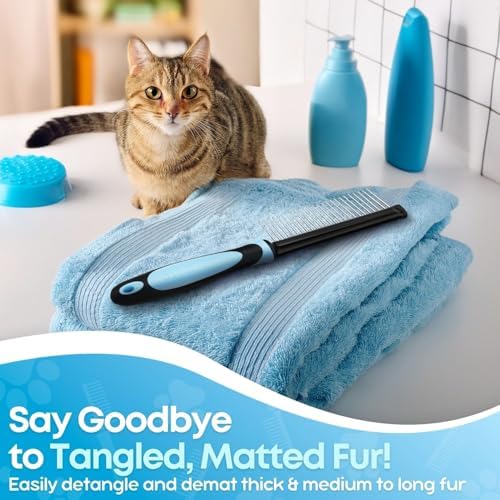 Flexzion Metal Dog Comb for Grooming and Dematting, Blue Soft-Grip Handle - Image 2