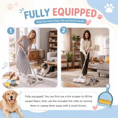3 Pcs Pet Hair Removal Tool Adjustable Carpet rake & Lint Roller & Dustpan - Image 6