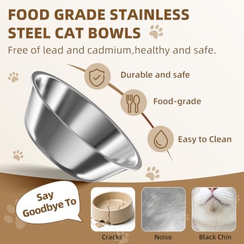 Elevated Cat Bowls, 2P Raised Cat Food and Water Bowl Set for Indoor Cats, Splash Proof with 2 Stainless Steel Pet Food Bowls for Cats & Puppies, Whisker Friendly and Dishwasher Safe - Grey - Image 2
