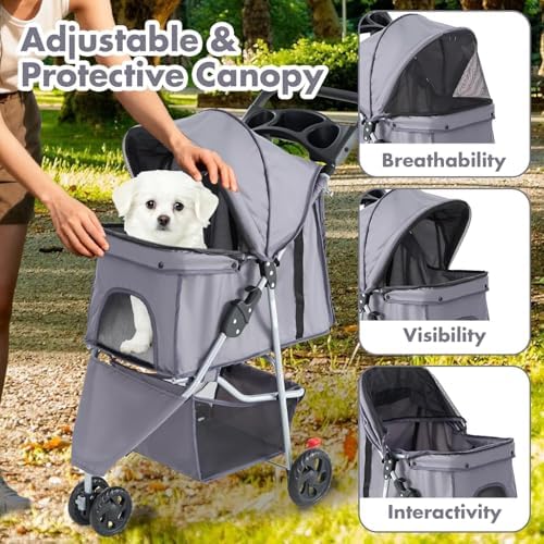 3 Wheels Pet Stroller,Storage Basket and Cup Holder, Breathable Mesh, Waterproof and Foldable for Small/Medium Dogs and Cats Strollers, Lightweight Travel Carrier for Daily Walks & Outdoor,Grey - Image 2