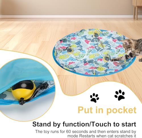 Interactive Remote Control Cat Toy with Sound & Light Locator, Hidden Rolling Ball Under Playmat, Bird Chirp & LED, Touch-Activated, USB Rechargeable Indoor Hunting Toy Blue+Yellow - Image 2